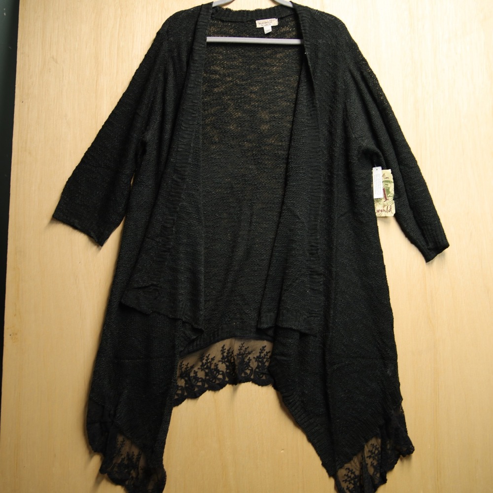 One World Black Lace Trim Sharkbite Hem Open Front Cardigan Plus Size 3X NWT